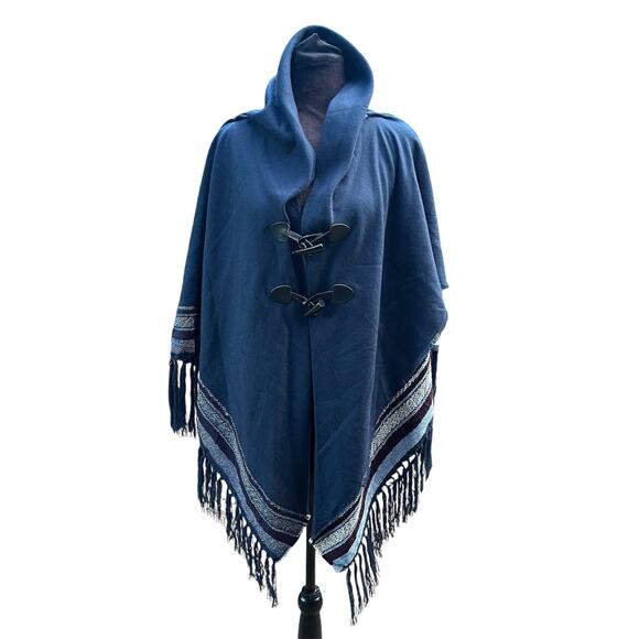 Accessory Street Sweaters - Accessory Street Acrylic Color Blocked Toggle Closure Ruana Poncho Navy